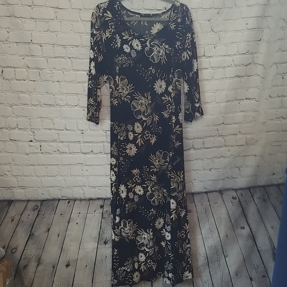 Nina Leonard Black Floral Long Sleeve Dress Medium